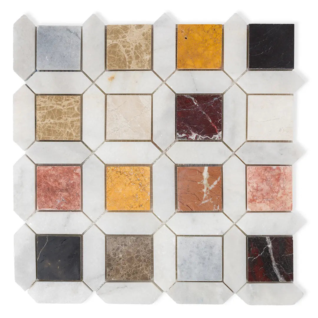 Mixed Marble Square Mosaic Tiles with colourful natural stone inserts