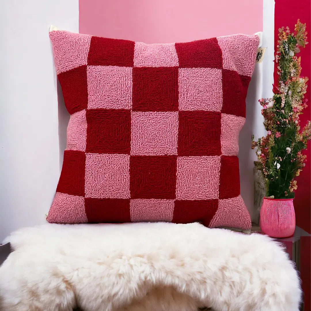 Pink and Red Checker Board Cushion Cover Terra Bella Interiors