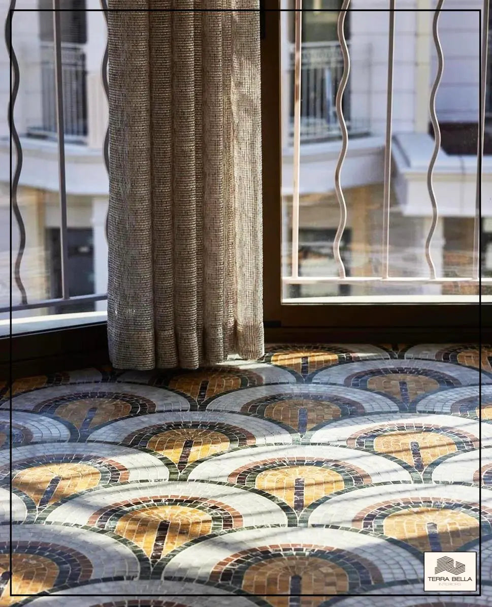 Colourful fan pattern marble mosaic floor in warm earthy tones