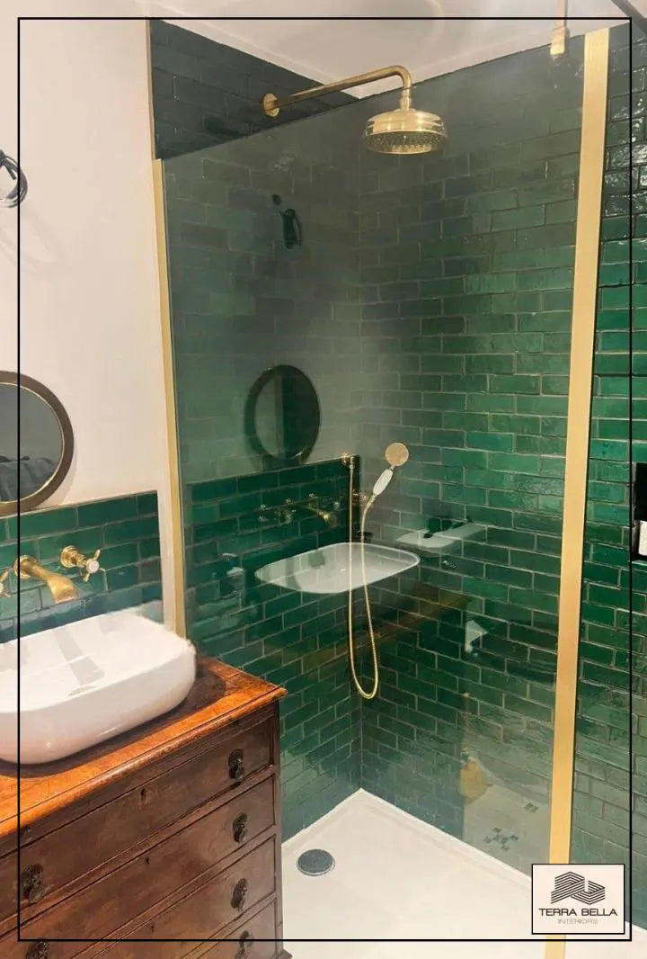 Emerald Green bejmat tiles with brass fixtures in a customer bathroom