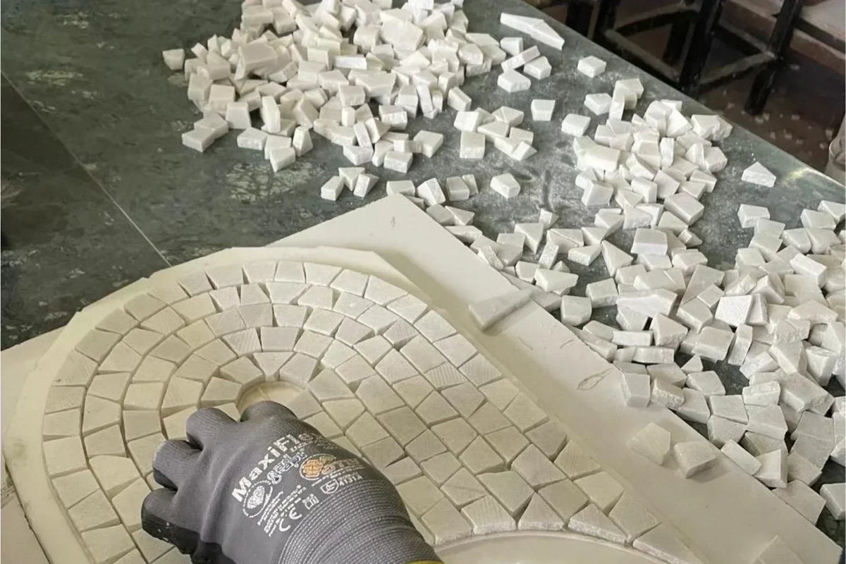 Handmade marble mosaic tiles from the Terra Bella Turkish Marble collection