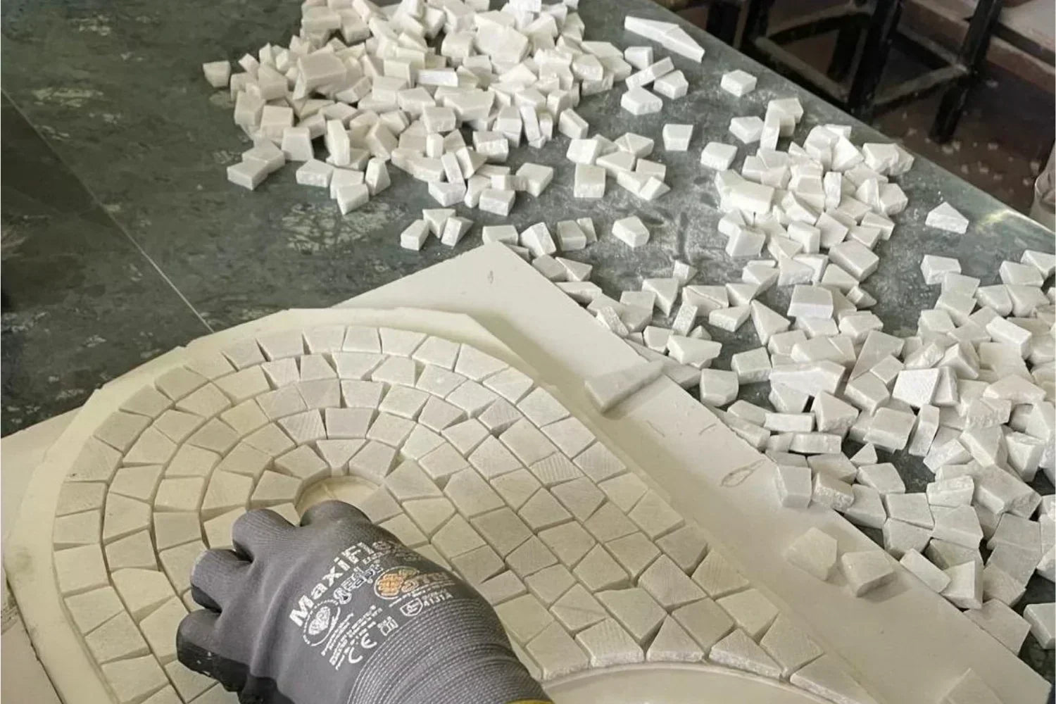 Handmade marble mosaic tiles from the Terra Bella Turkish Marble collection