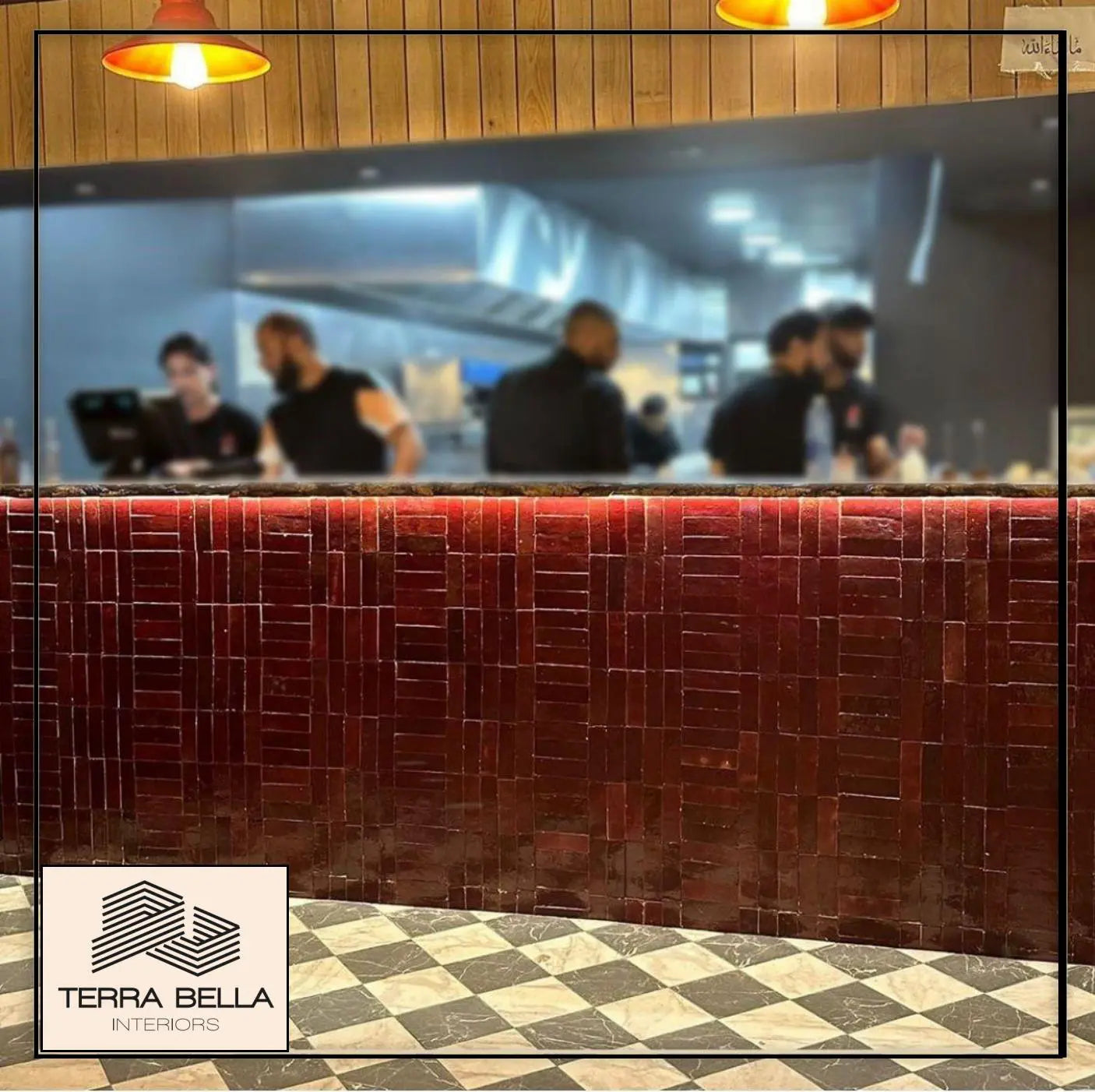 Ruby Red bejmat tiles inside Salt's Smoke House restaurant in Ealing Broadway