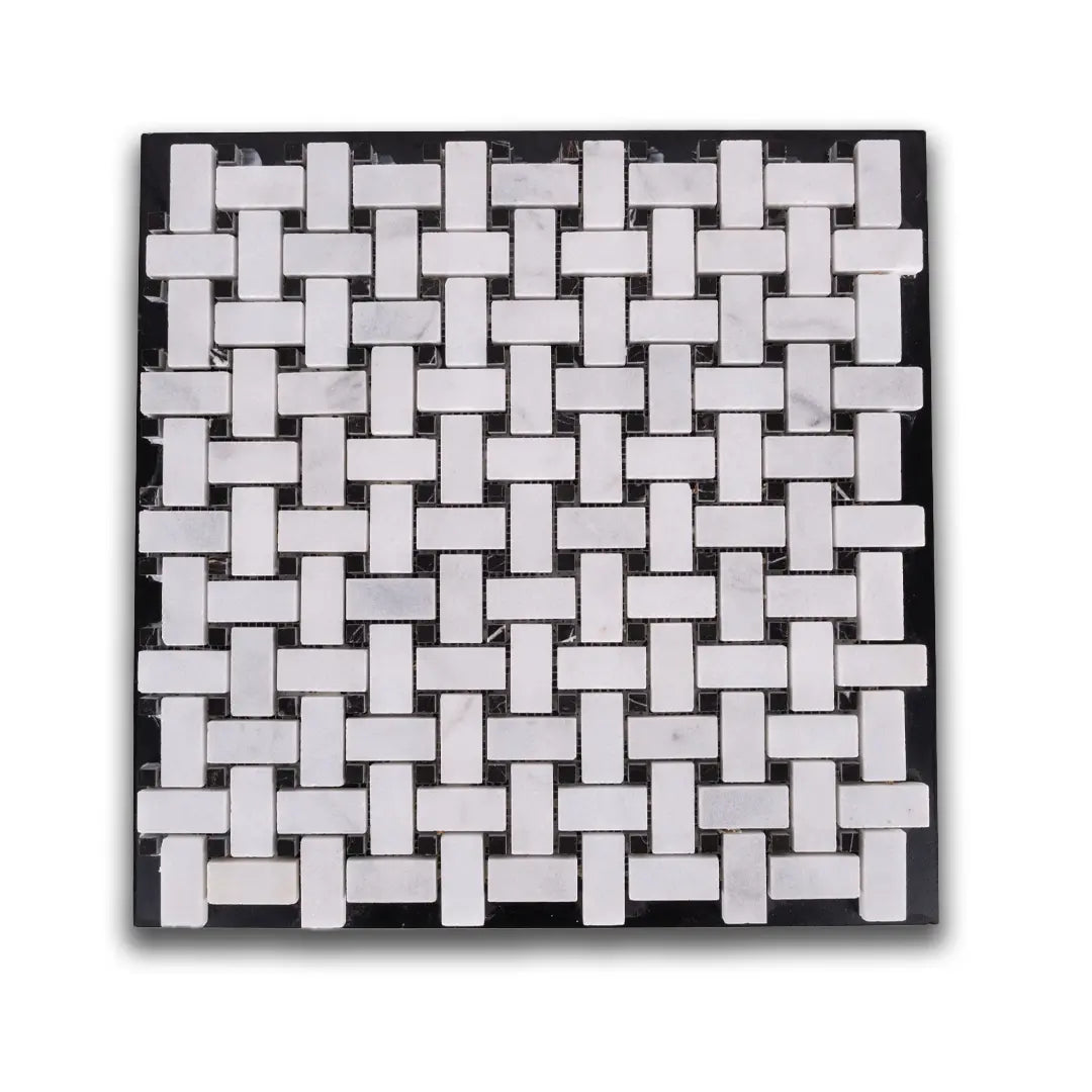 Basketweave Black and White Marble Mosaic Tiles