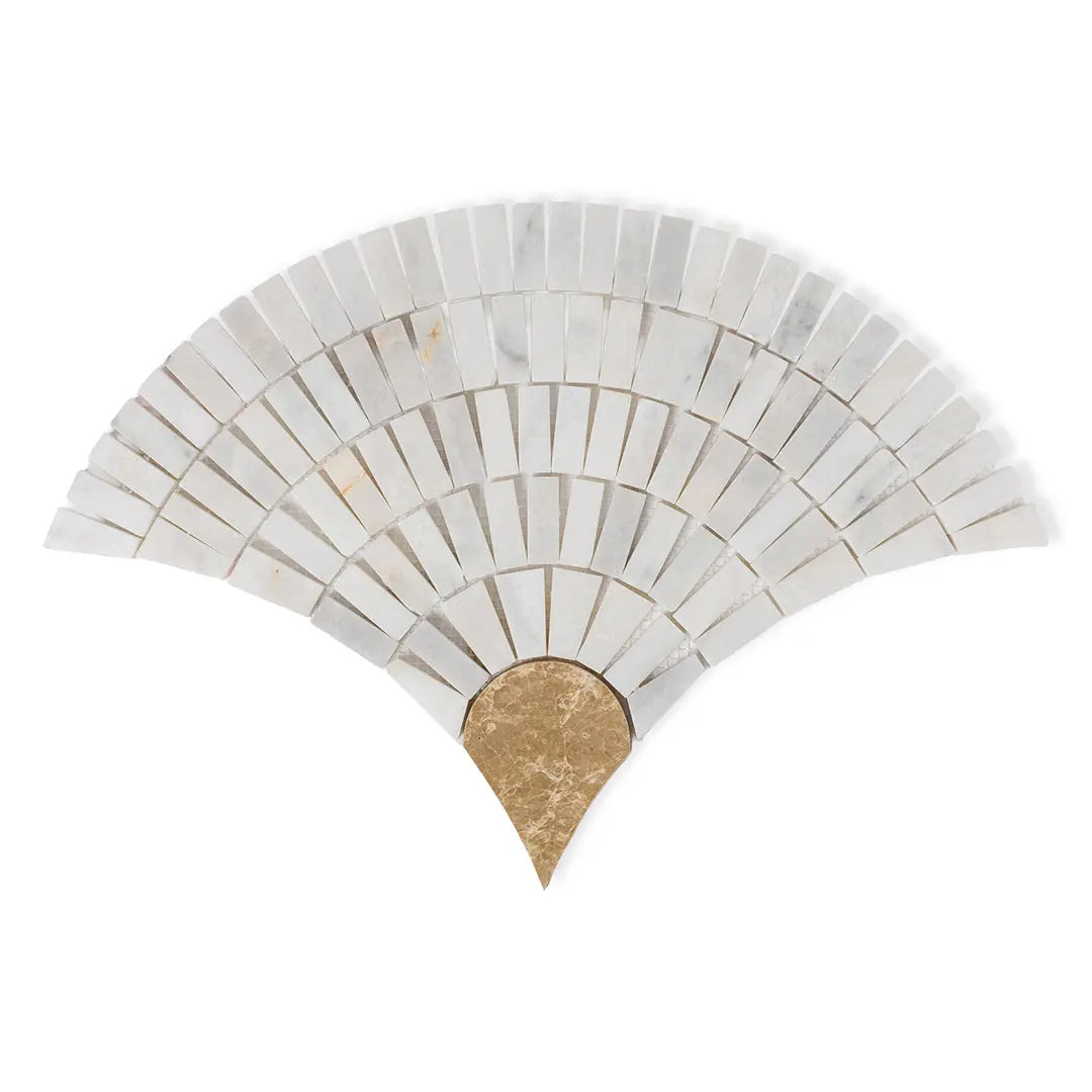 Fan Mussel Rectangle White Marble Mosaic Tiles with beige accent