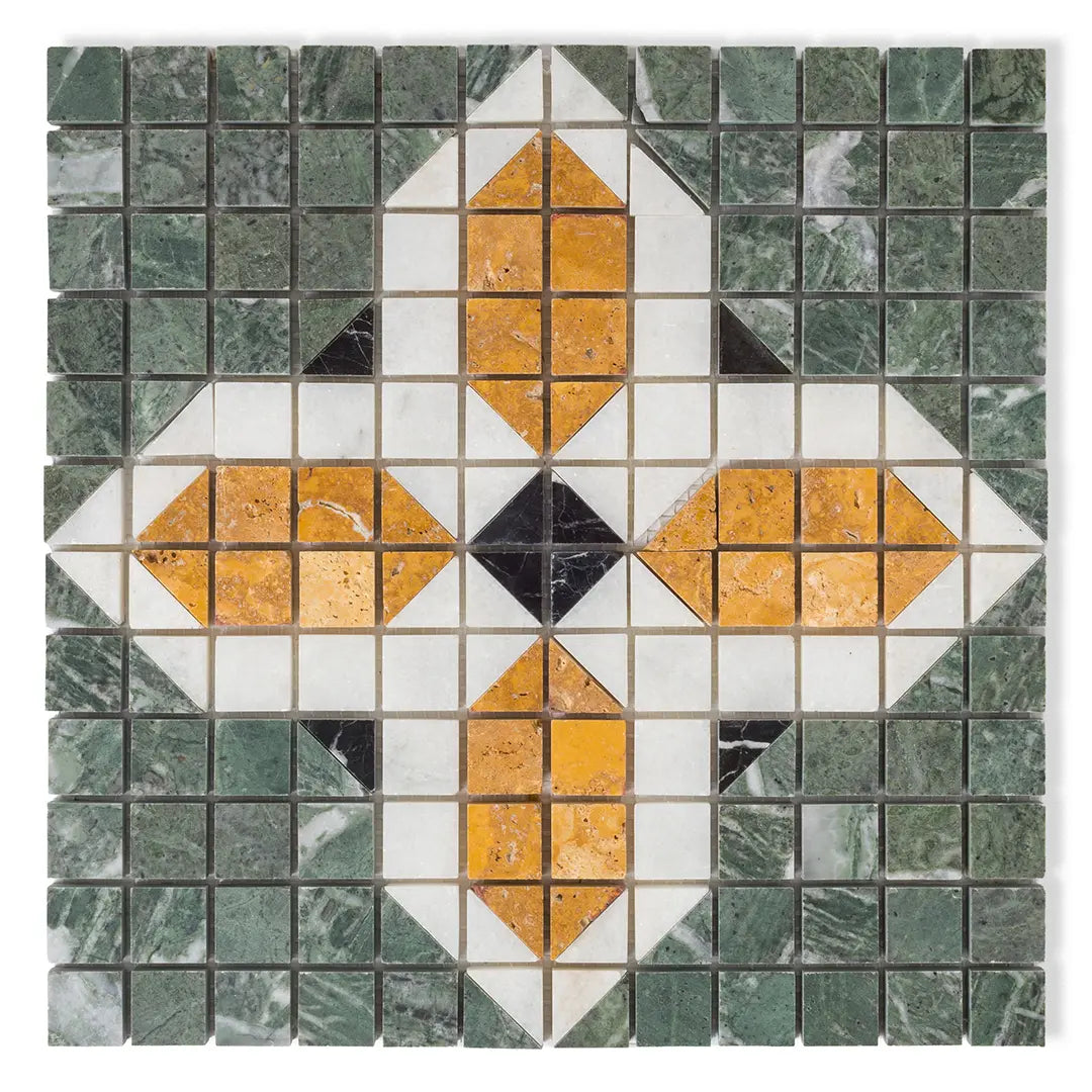 Palazzo Geometric Marble Mosaic Tiles in verde green, gold, white, and black