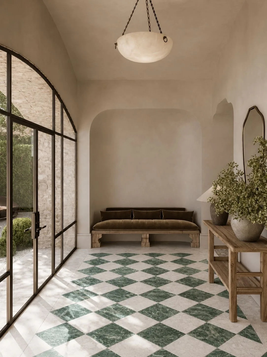 Entrance hall with a verde green and beige marble checkerboard floor, arched steel-framed window and velvet daybed